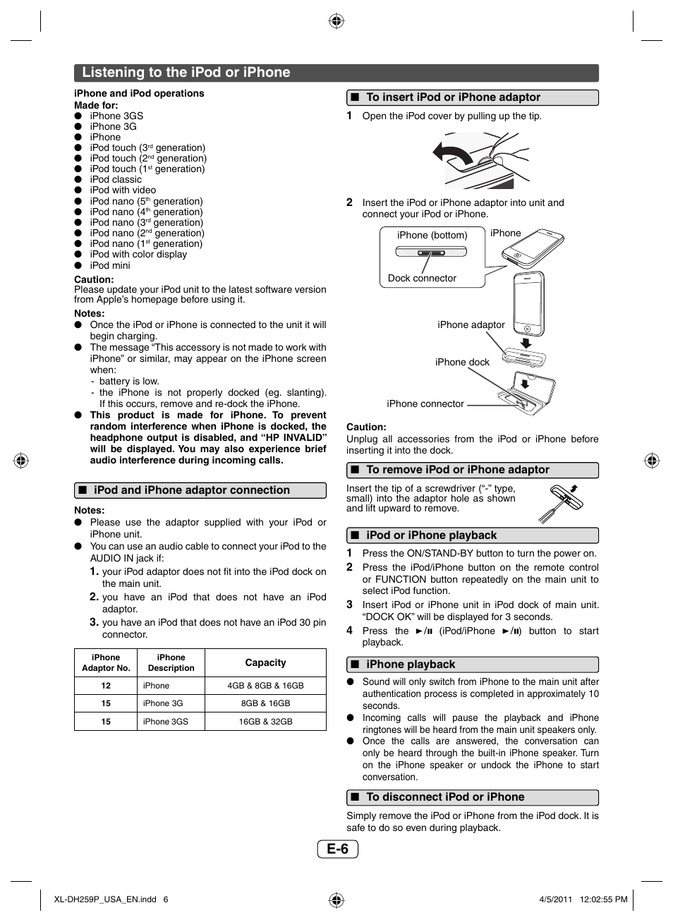 Listening to the ipod or iphone, Ipod and iphone adaptor connection, To insert ipod or iphone adaptor | To remove ipod or iphone adaptor, Ipod or iphone playback, Iphone playback, To disconnect ipod or iphone | Sharp XL-DH259P User Manual | Page 7 / 16