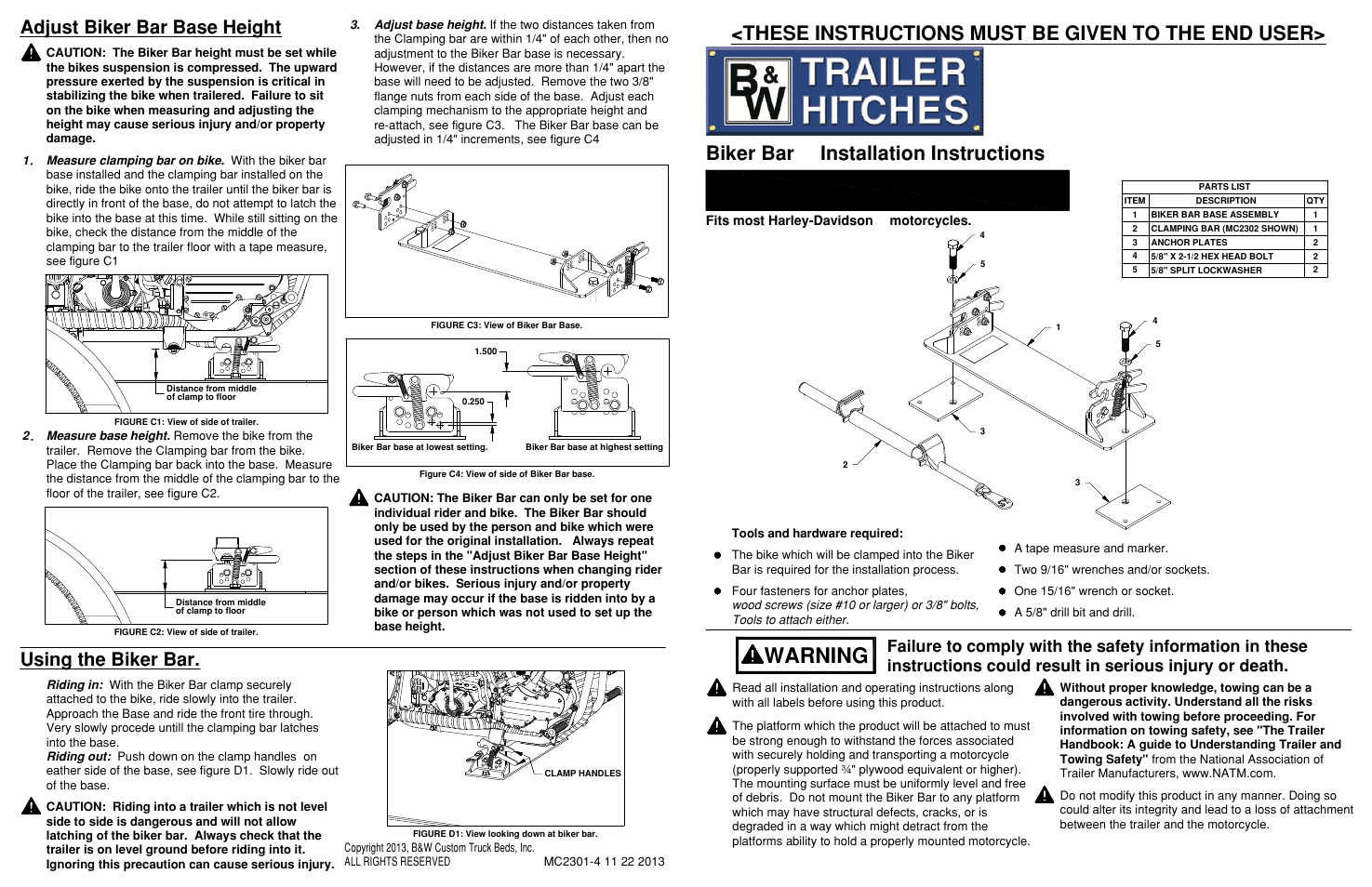 Mc2301-4 11 22 2013 - copy, Models, Warning | These instructions must be given to the end user, Biker bar™ installation instructions, Adjust biker bar base height, Using the biker bar | B&W Trailer Hitches MC2301 User Manual | Page 4 / 4