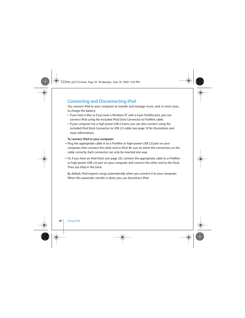 Connecting and disconnecting ipod | Apple iPod (User’s Guide) User Manual | Page 20 / 64