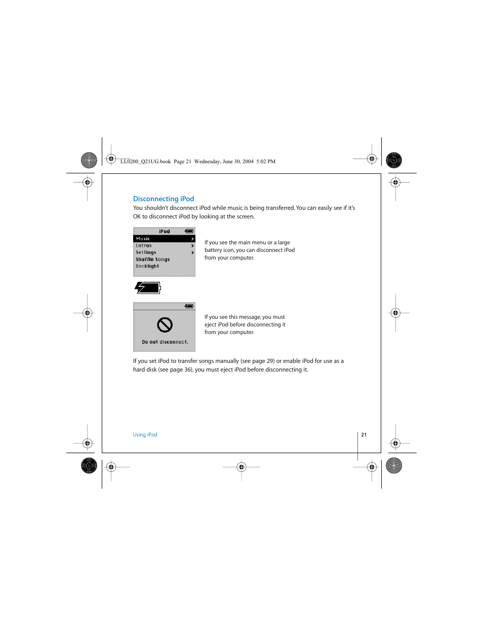 Disconnecting ipod | Apple iPod (User’s Guide) User Manual | Page 21 / 64