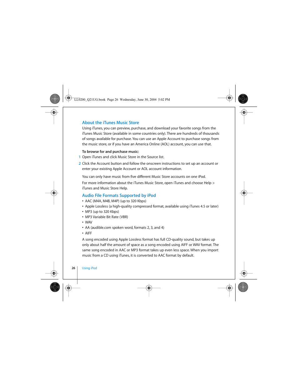 About the itunes music store, Audio file formats supported by ipod | Apple iPod (User’s Guide) User Manual | Page 26 / 64