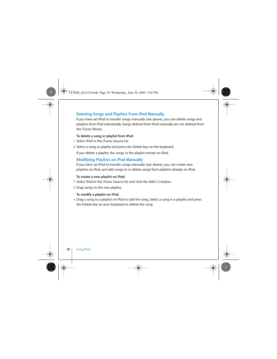 Deleting songs and playlists from ipod manually, Modifying playlists on ipod manually | Apple iPod (User’s Guide) User Manual | Page 30 / 64