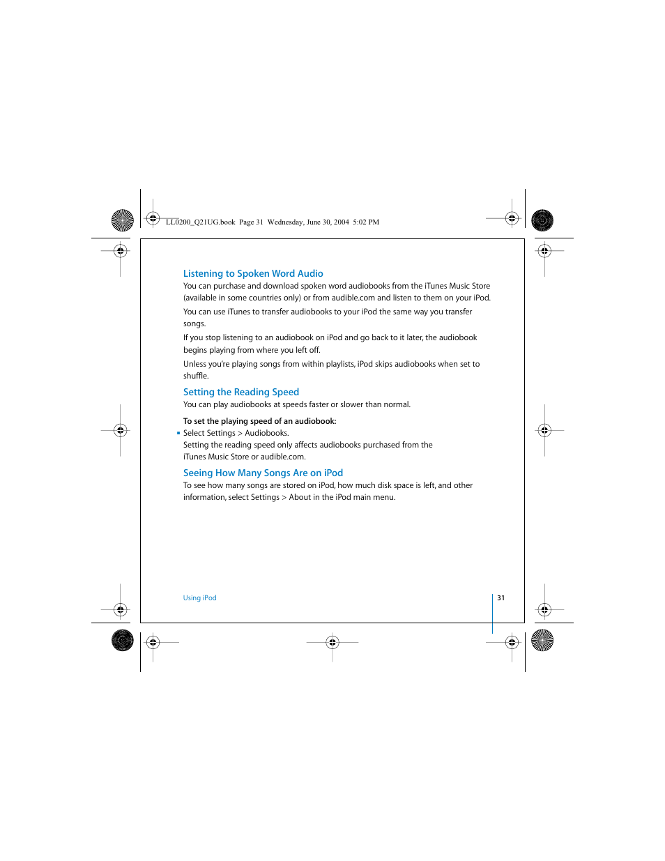 Listening to spoken word audio, Setting the reading speed, Seeing how many songs are on ipod | Apple iPod (User’s Guide) User Manual | Page 31 / 64