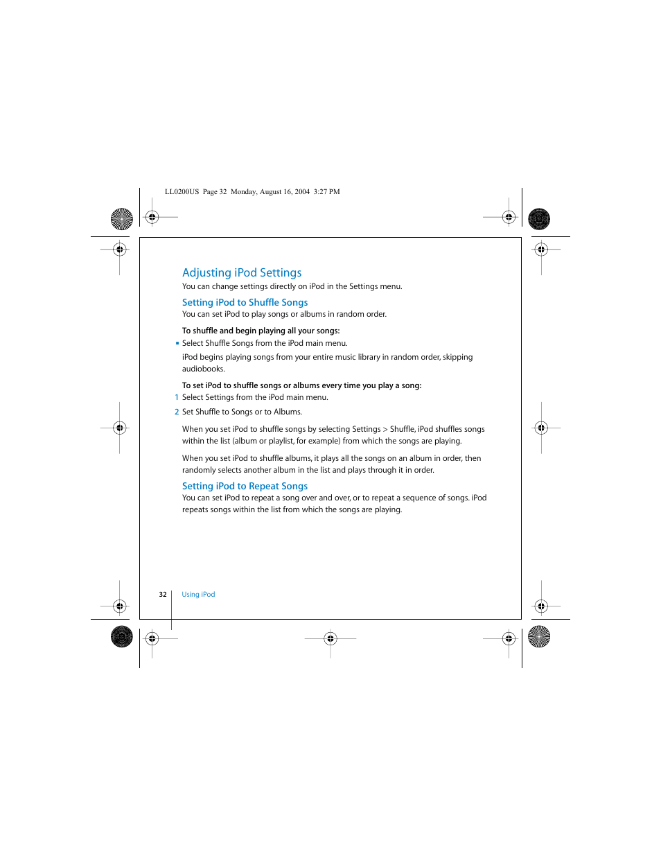 Adjusting ipod settings | Apple iPod (User’s Guide) User Manual | Page 32 / 64