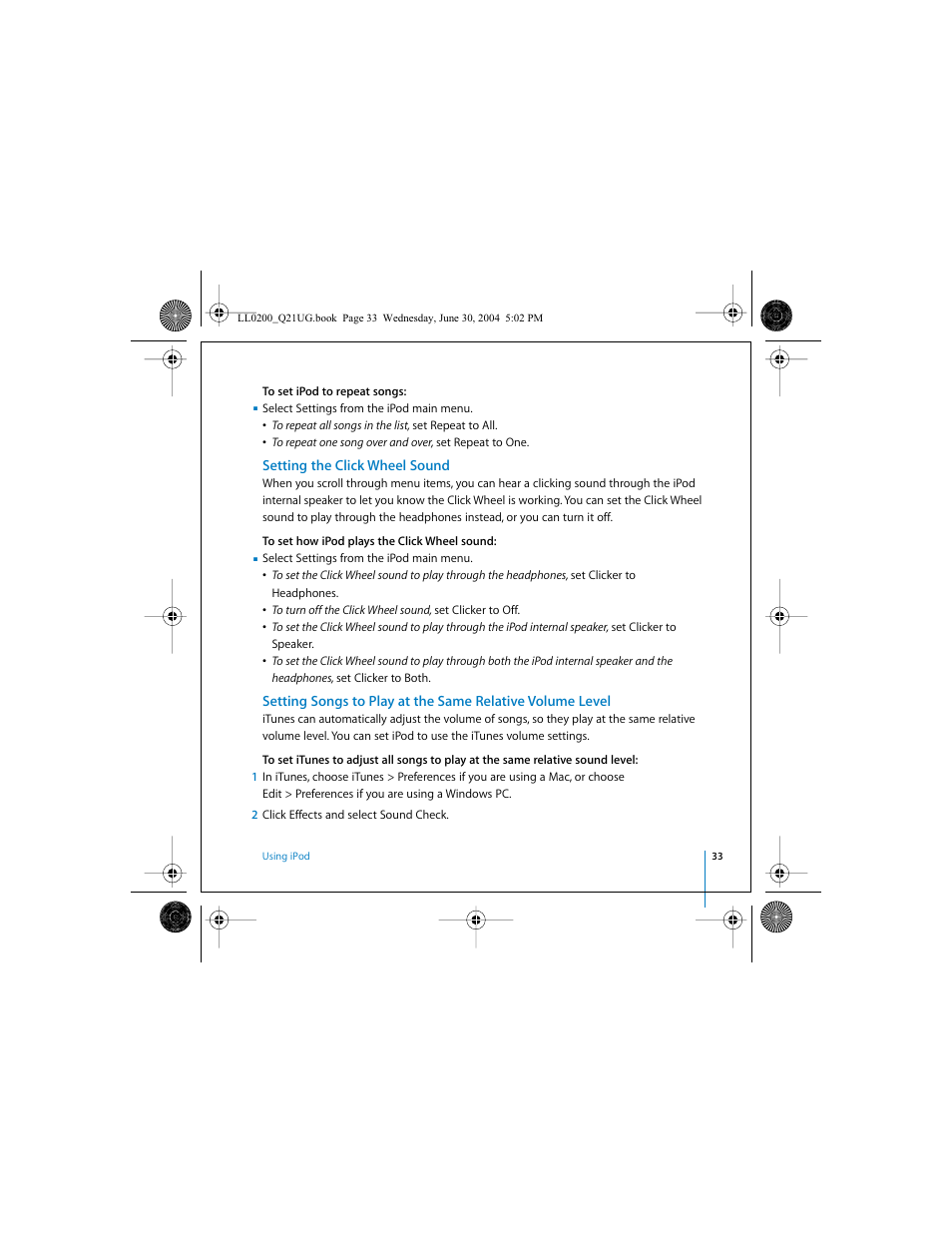 Setting the click wheel sound | Apple iPod (User’s Guide) User Manual | Page 33 / 64