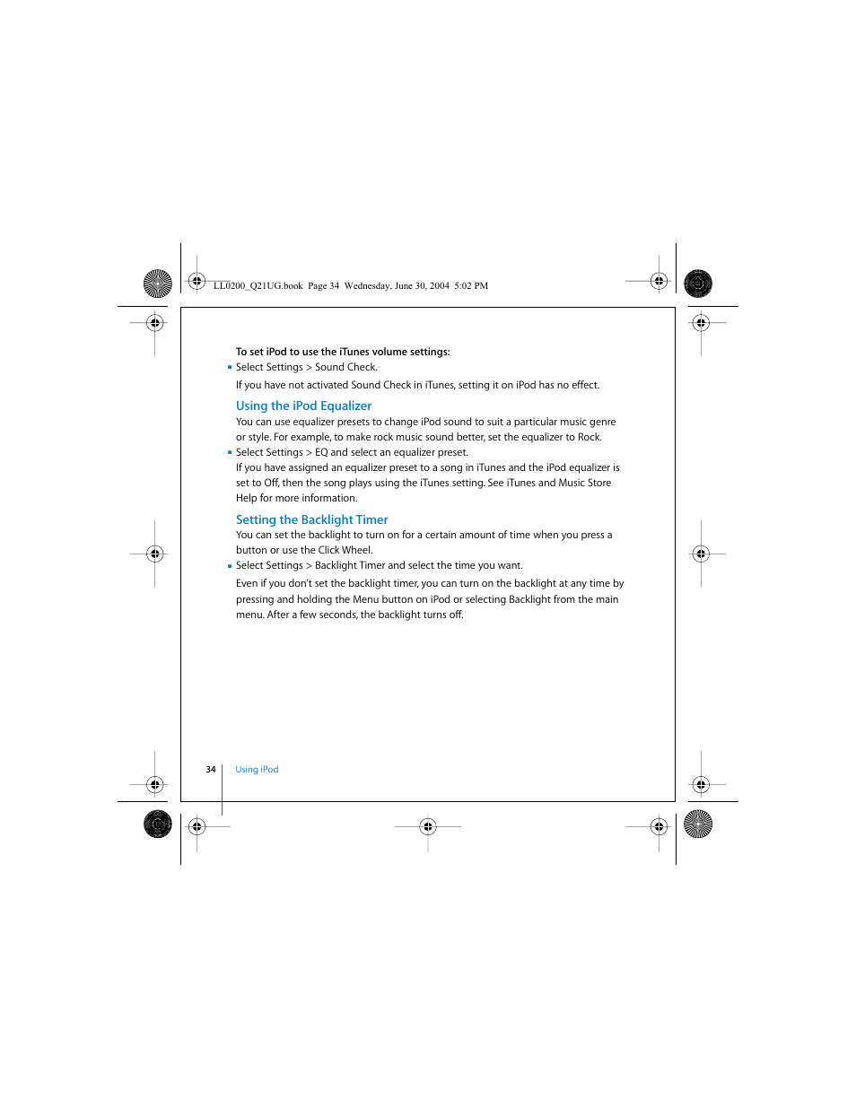 Using the ipod equalizer, Setting the backlight timer | Apple iPod (User’s Guide) User Manual | Page 34 / 64