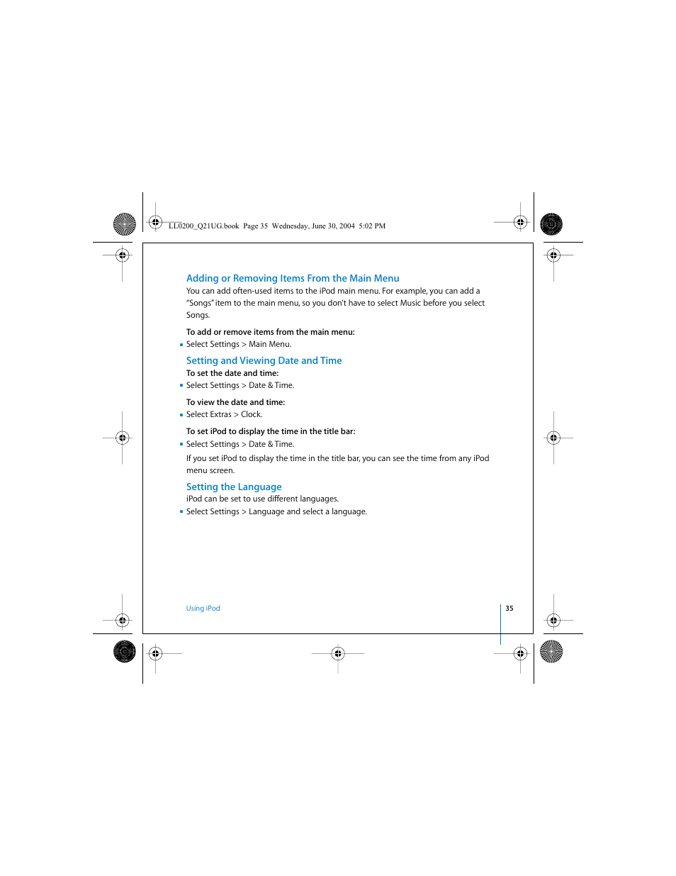 Adding or removing items from the main menu, Setting and viewing date and time, Setting the language | Apple iPod (User’s Guide) User Manual | Page 35 / 64