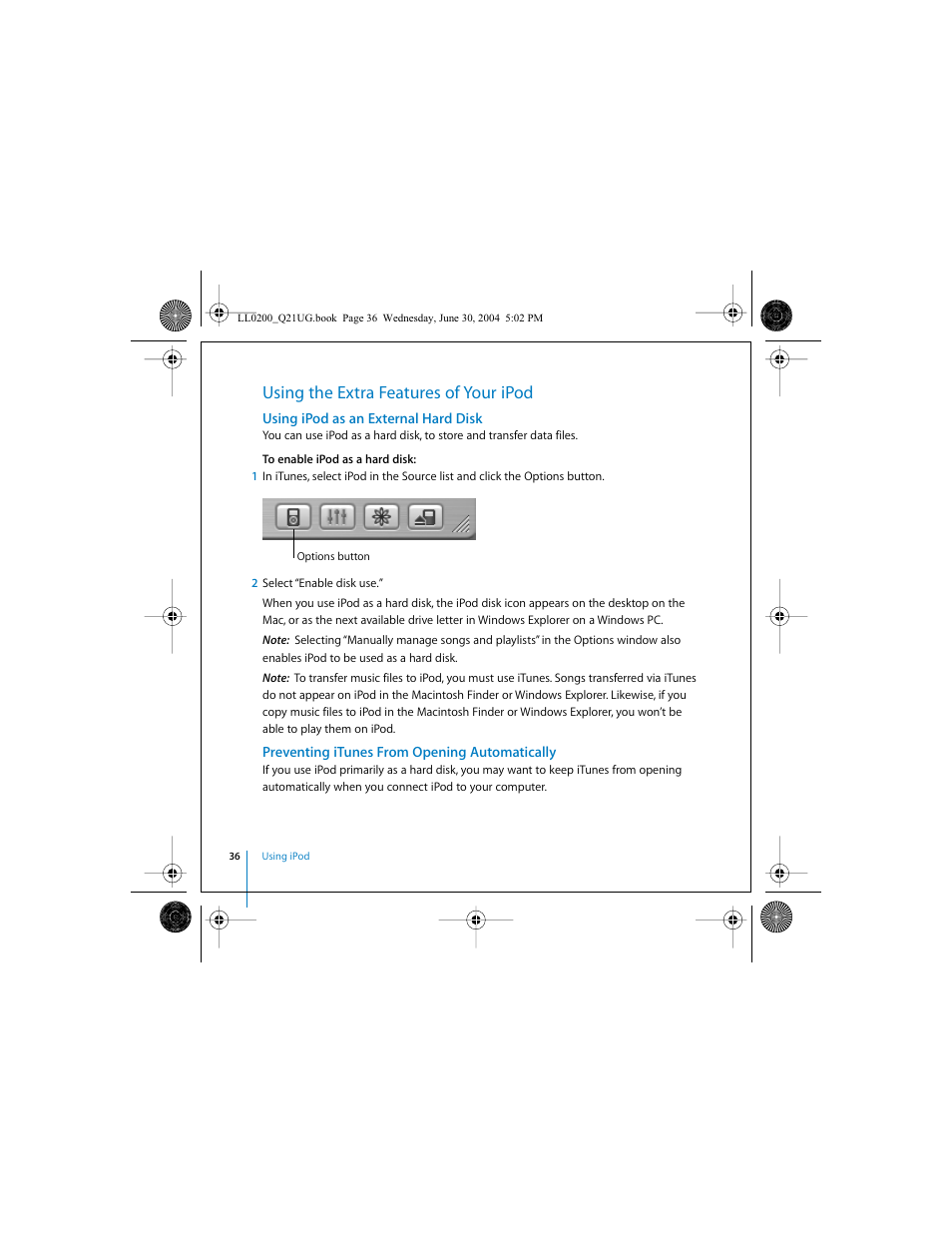 Using the extra features of your ipod, Using ipod as an external hard disk, Preventing itunes from opening automatically | Apple iPod (User’s Guide) User Manual | Page 36 / 64