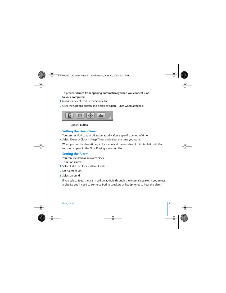 Setting the sleep timer, Setting the alarm | Apple iPod (User’s Guide) User Manual | Page 37 / 64