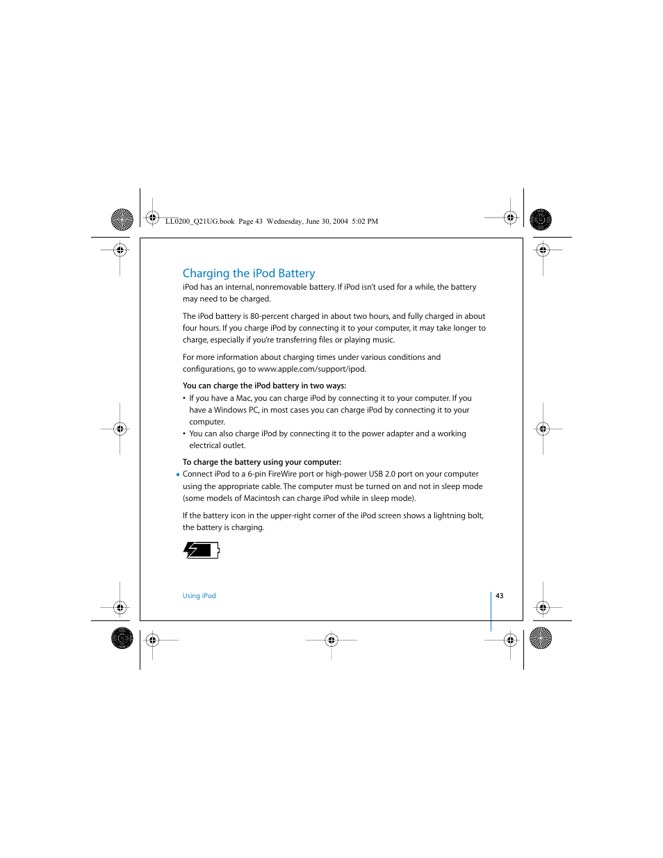 Charging the ipod battery | Apple iPod (User’s Guide) User Manual | Page 43 / 64