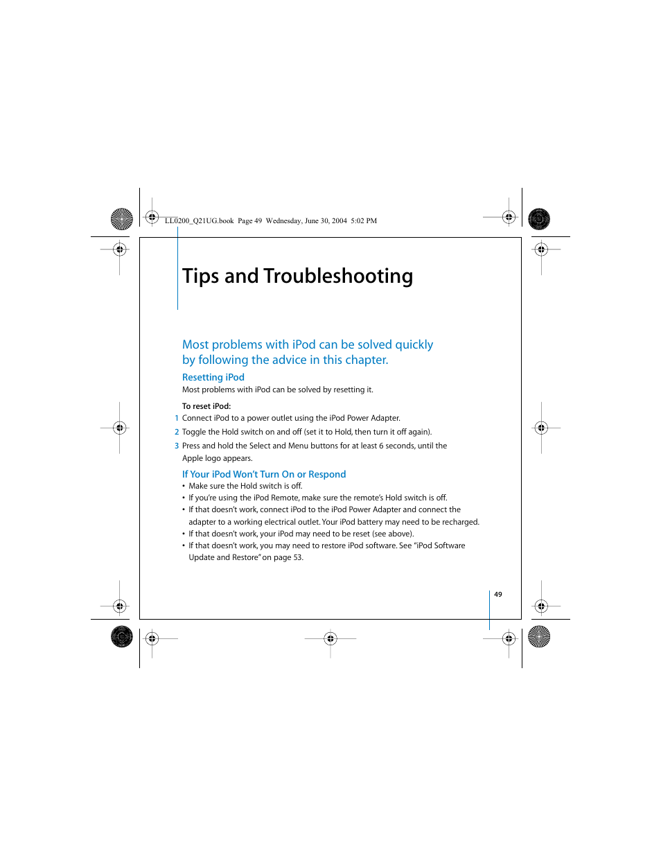 Tips and troubleshooting, Resetting ipod, If your ipod won’t turn on or respond | Apple iPod (User’s Guide) User Manual | Page 49 / 64