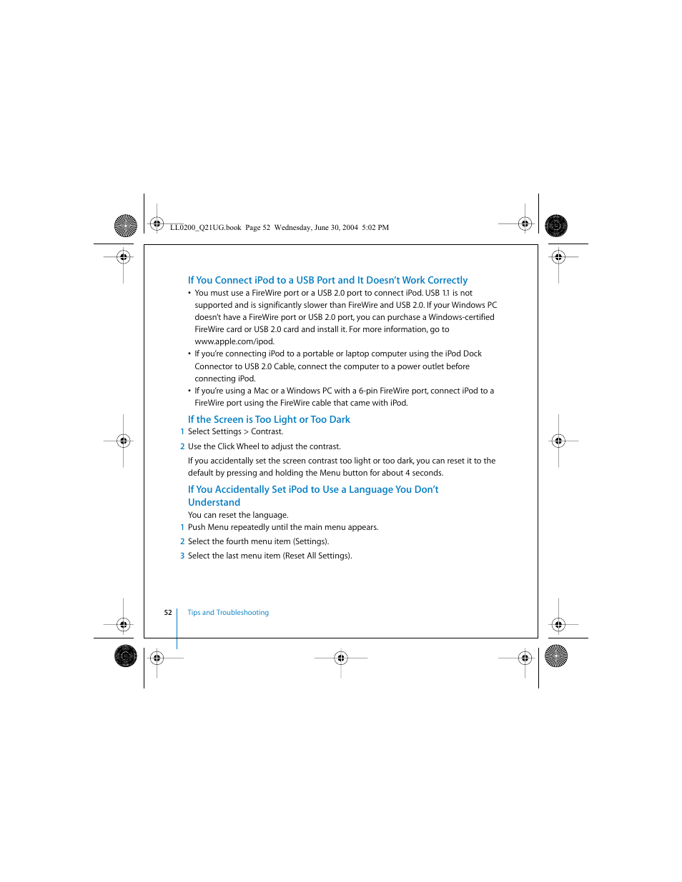 If the screen is too light or too dark | Apple iPod (User’s Guide) User Manual | Page 52 / 64