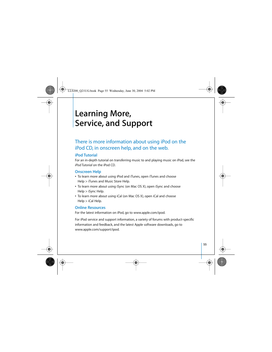 Learning more, service, and support, Ipod tutorial, Onscreen help | Online resources | Apple iPod (User’s Guide) User Manual | Page 55 / 64