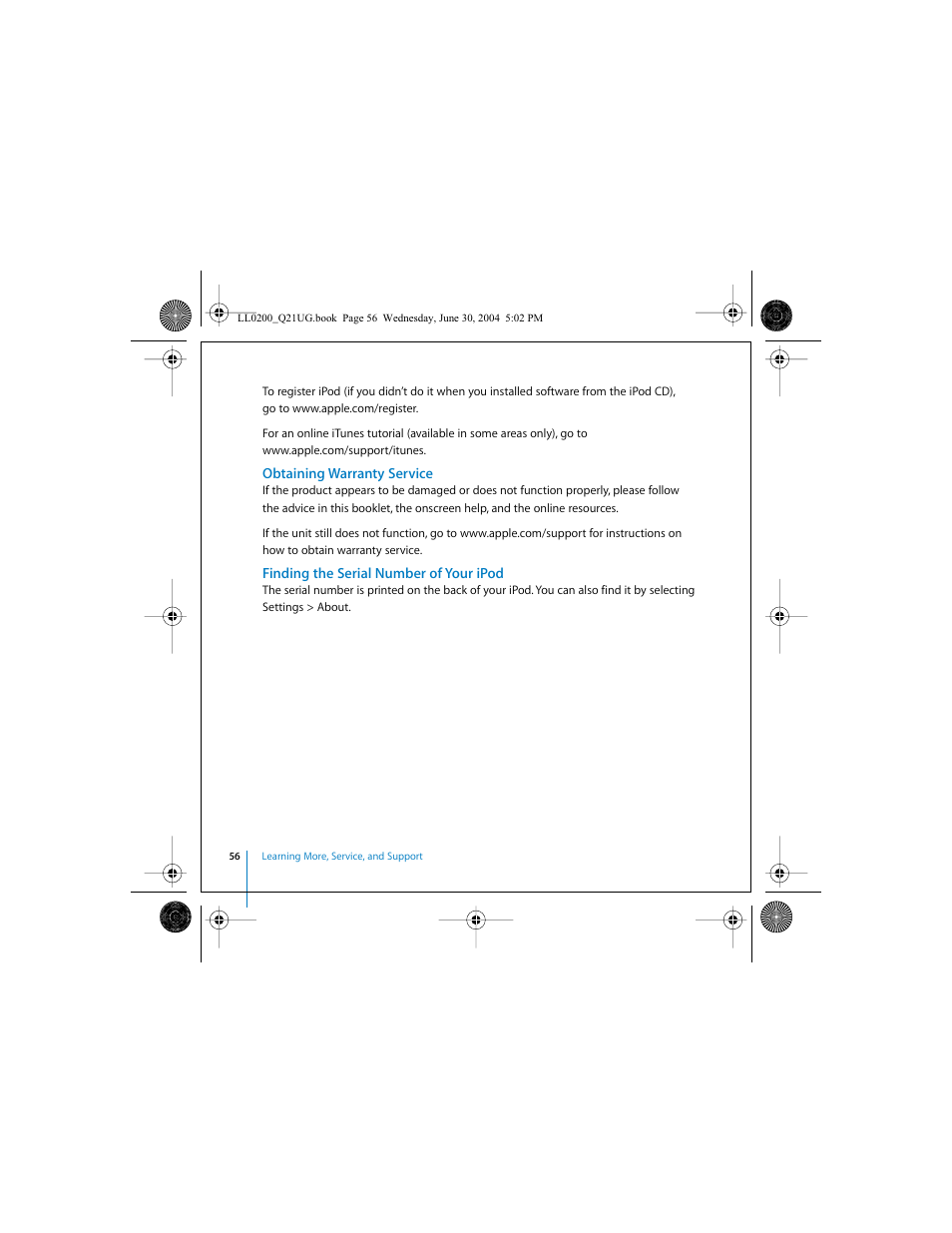 Obtaining warranty service, Finding the serial number of your ipod | Apple iPod (User’s Guide) User Manual | Page 56 / 64