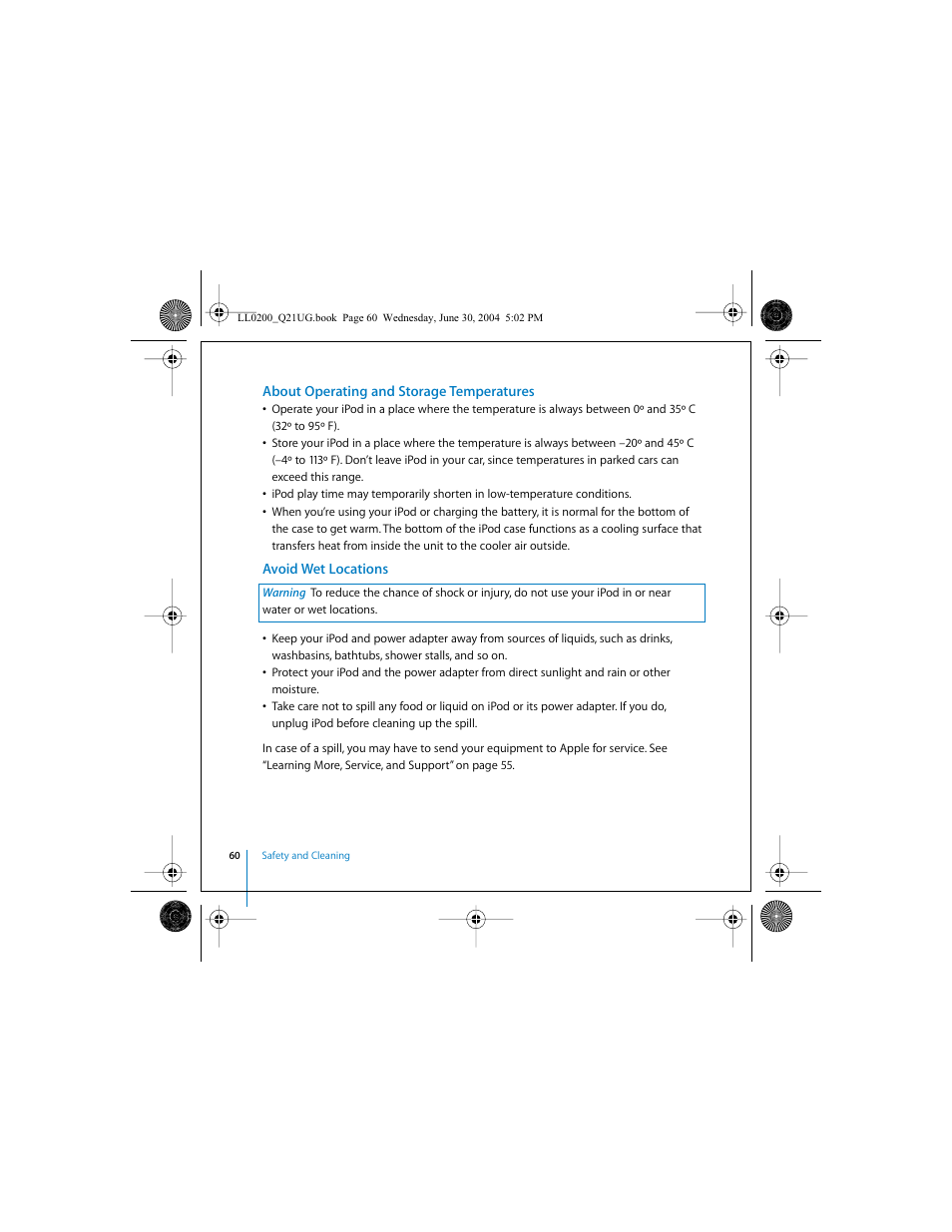 About operating and storage temperatures, Avoid wet locations | Apple iPod (User’s Guide) User Manual | Page 60 / 64