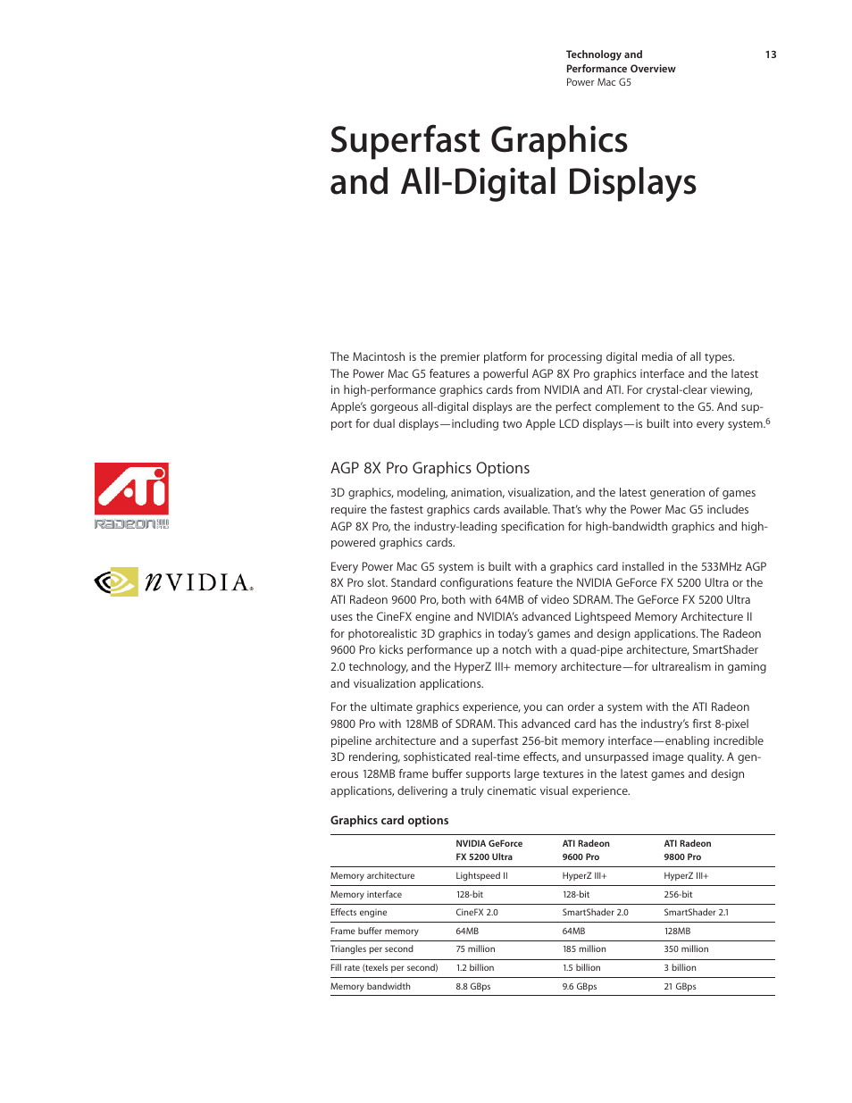 Superfast graphics and all-digital displays, Agp 8x pro graphics options | Apple Power Mac G5 User Manual | Page 13 / 36