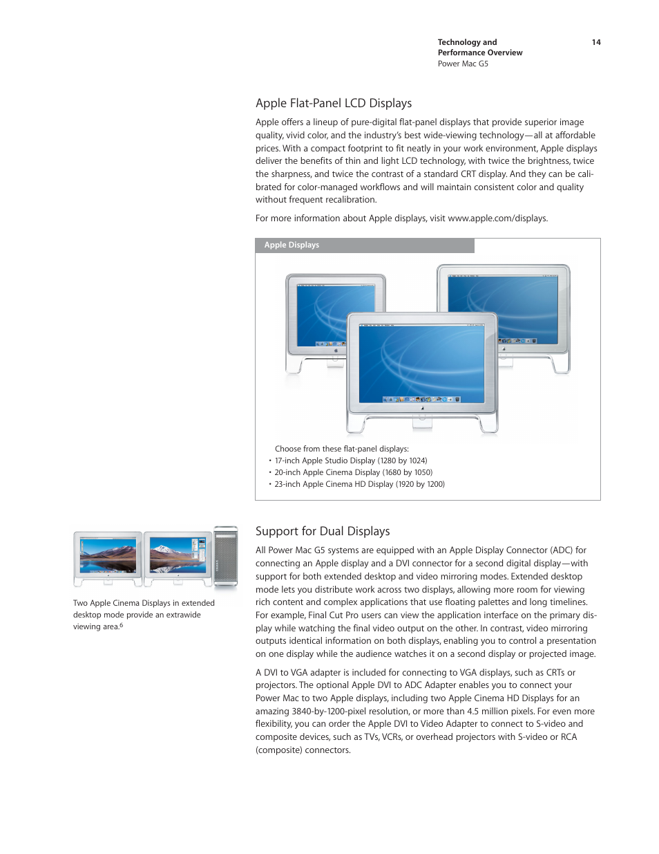 Apple flat-panel lcd displays, Support for dual displays | Apple Power Mac G5 User Manual | Page 14 / 36