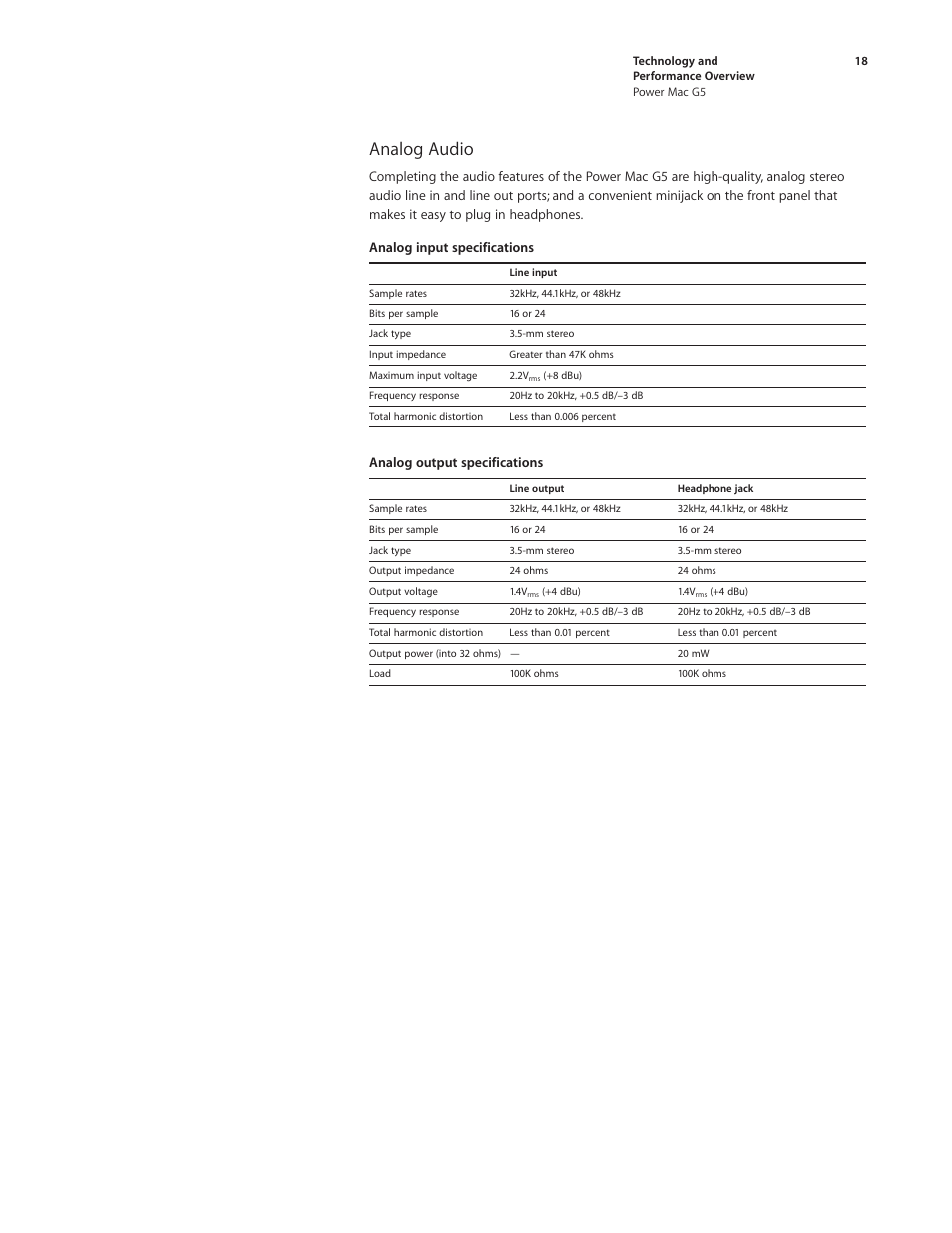 Analog audio, Analog output specifications | Apple Power Mac G5 User Manual | Page 18 / 36