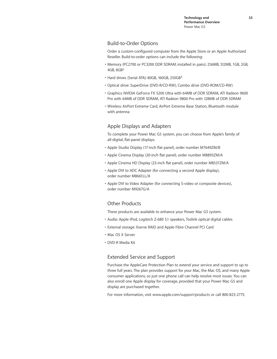 Build-to-order options, Apple displays and adapters, Other products | Extended service and support | Apple Power Mac G5 User Manual | Page 33 / 36