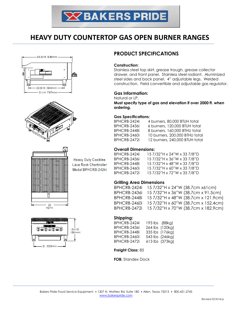 Heavy duty countertop gas open burner ranges, Product specifications | Bakers Pride BPHCRB-2472i Manual User Manual | Page 2 / 2