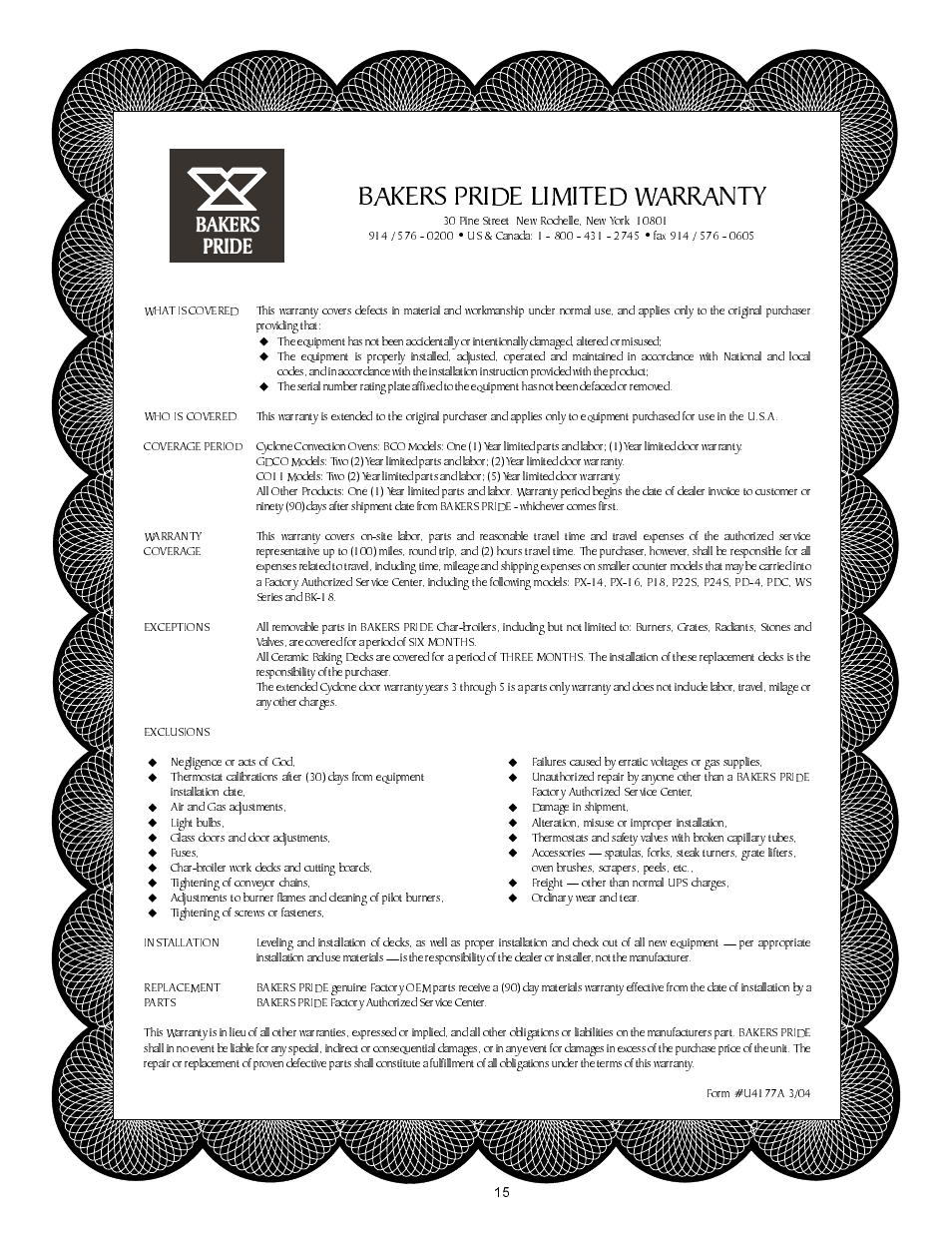 Bakers pride limited warranty | Bakers Pride FC-816 Manual User Manual | Page 15 / 16