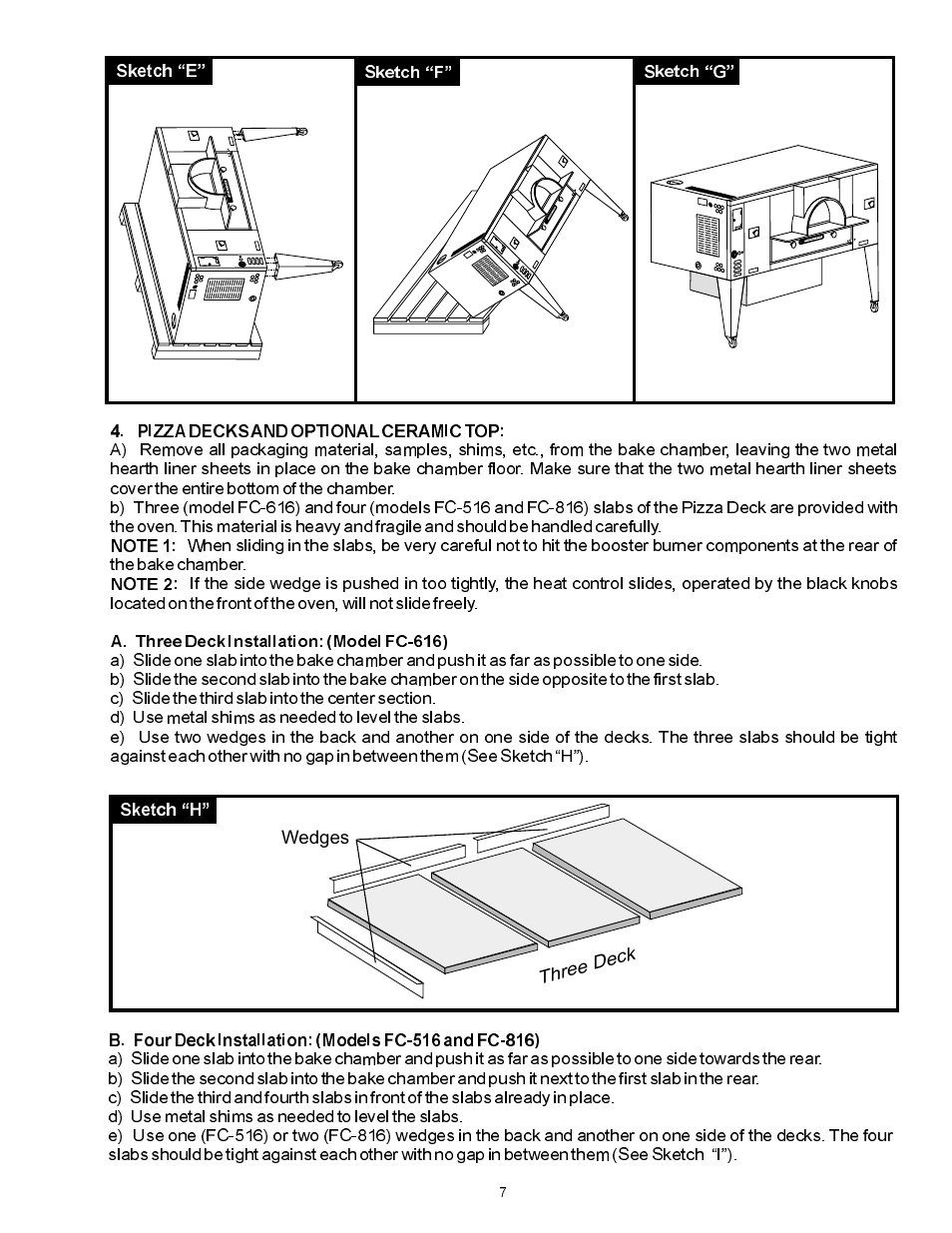 Three deck wedges, Sketch e sketch f sketch g | Bakers Pride FC-816 Manual User Manual | Page 7 / 16