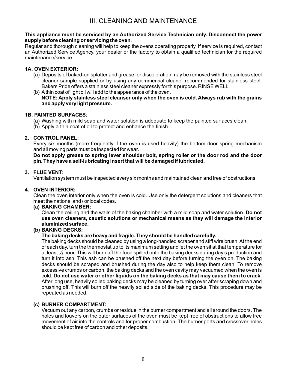 Iii. cleaning and maintenance | Bakers Pride GP-61 Manual User Manual | Page 8 / 16
