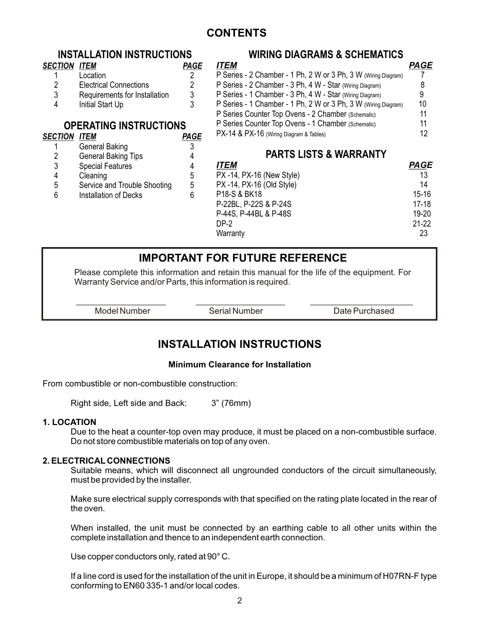 Installation instructions, Operating instructions, Wiring diagrams & schematics | Parts lists & warranty, Important for future reference, Contents installation instructions | Bakers Pride P-48S Manual User Manual | Page 2 / 24