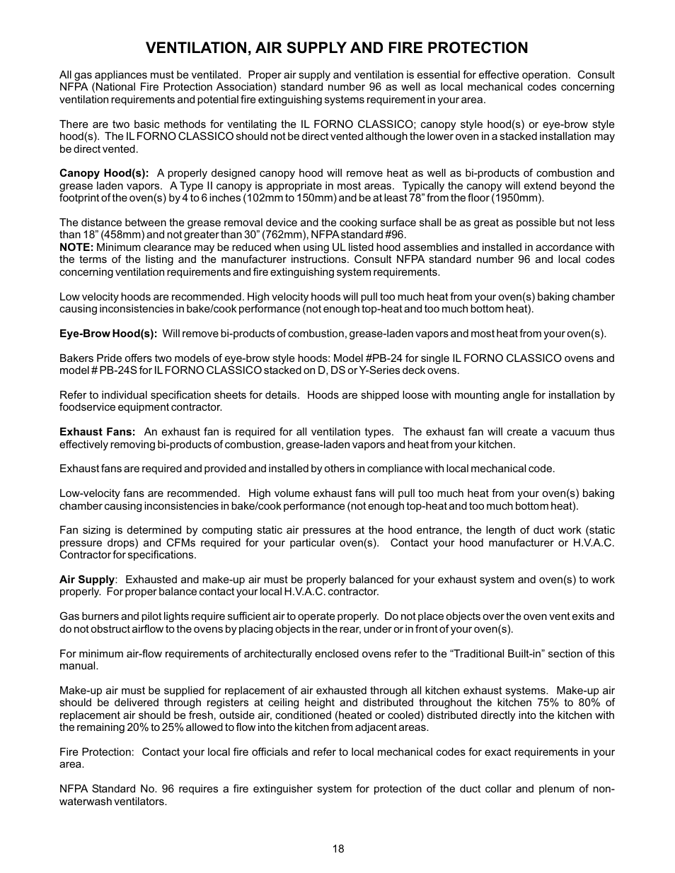 Ventilation, air supply and fire protection | Bakers Pride FC-816 Manual User Manual | Page 18 / 32