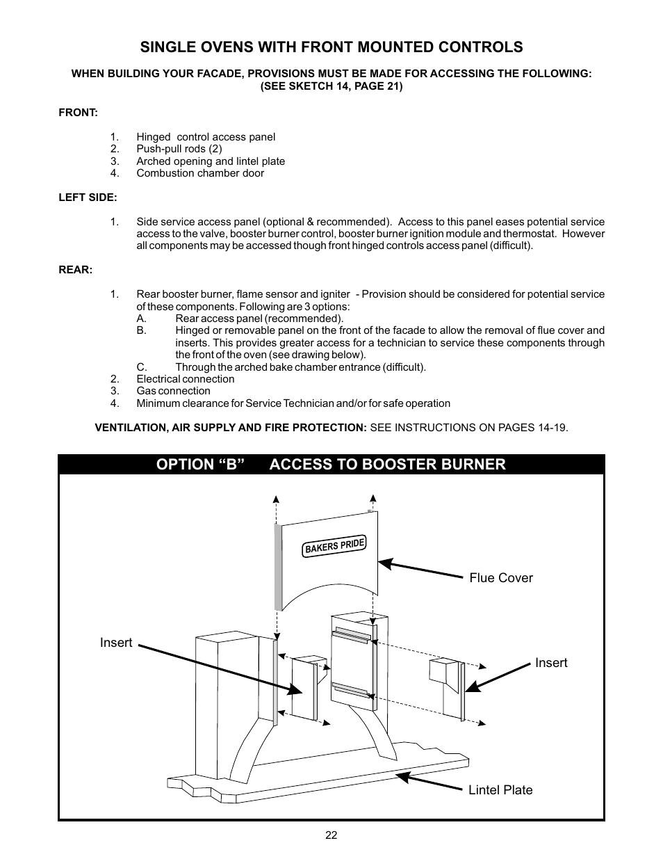 Single ovens with front mounted controls, Option “b” access to booster burner | Bakers Pride FC-816 Manual User Manual | Page 22 / 32