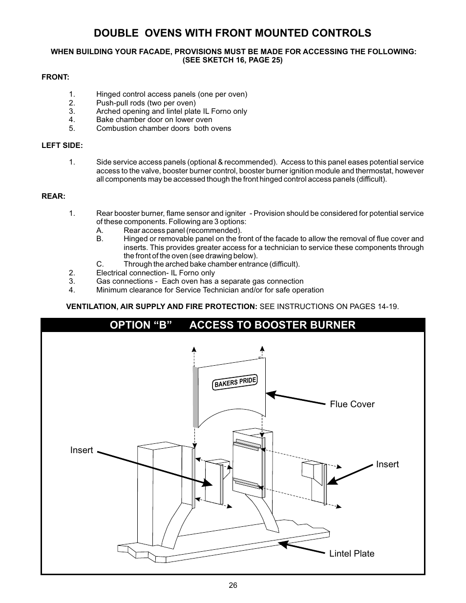Double ovens with front mounted controls, Option “b” access to booster burner | Bakers Pride FC-816 Manual User Manual | Page 26 / 32