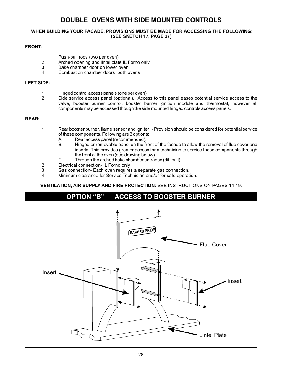 Double ovens with side mounted controls, Option “b” access to booster burner | Bakers Pride FC-816 Manual User Manual | Page 28 / 32