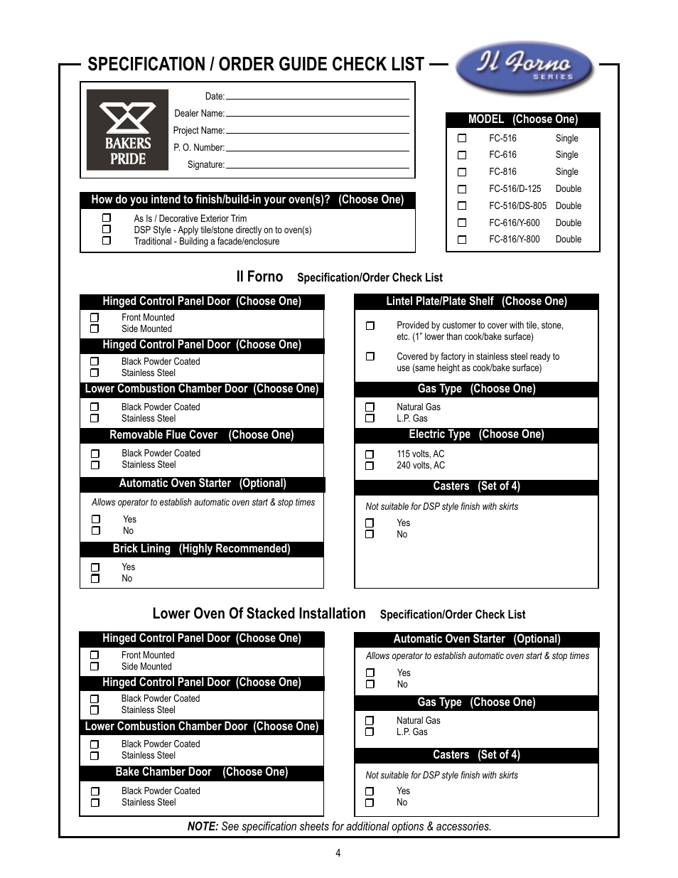 Specification / order guide check list, Il forno, Lower oven of stacked installation | Bakers Pride FC-816 Manual User Manual | Page 4 / 32