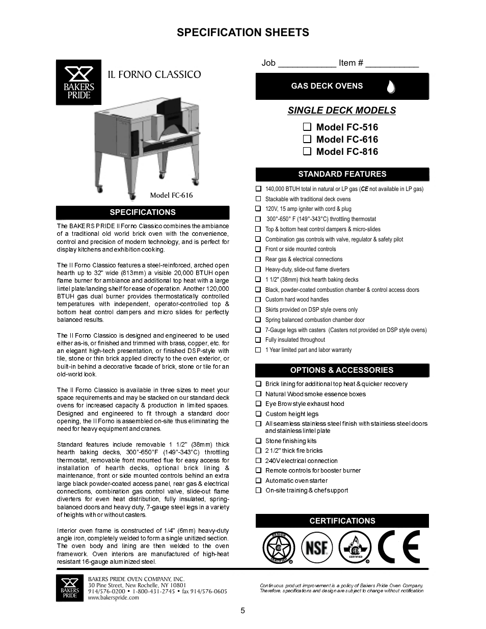 Specification sheets, Il forno classico, Bakers pride | Bakers Pride FC-816 Manual User Manual | Page 5 / 32