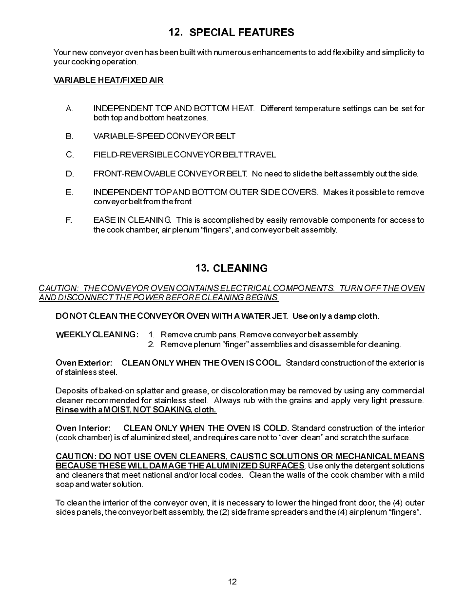 Special features 13. cleaning | Bakers Pride VH1828G Manual User Manual | Page 12 / 32