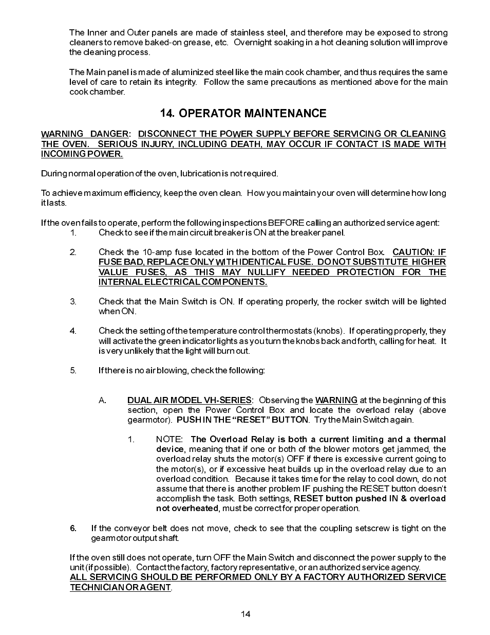 Operator maintenance | Bakers Pride VH1828G Manual User Manual | Page 14 / 32