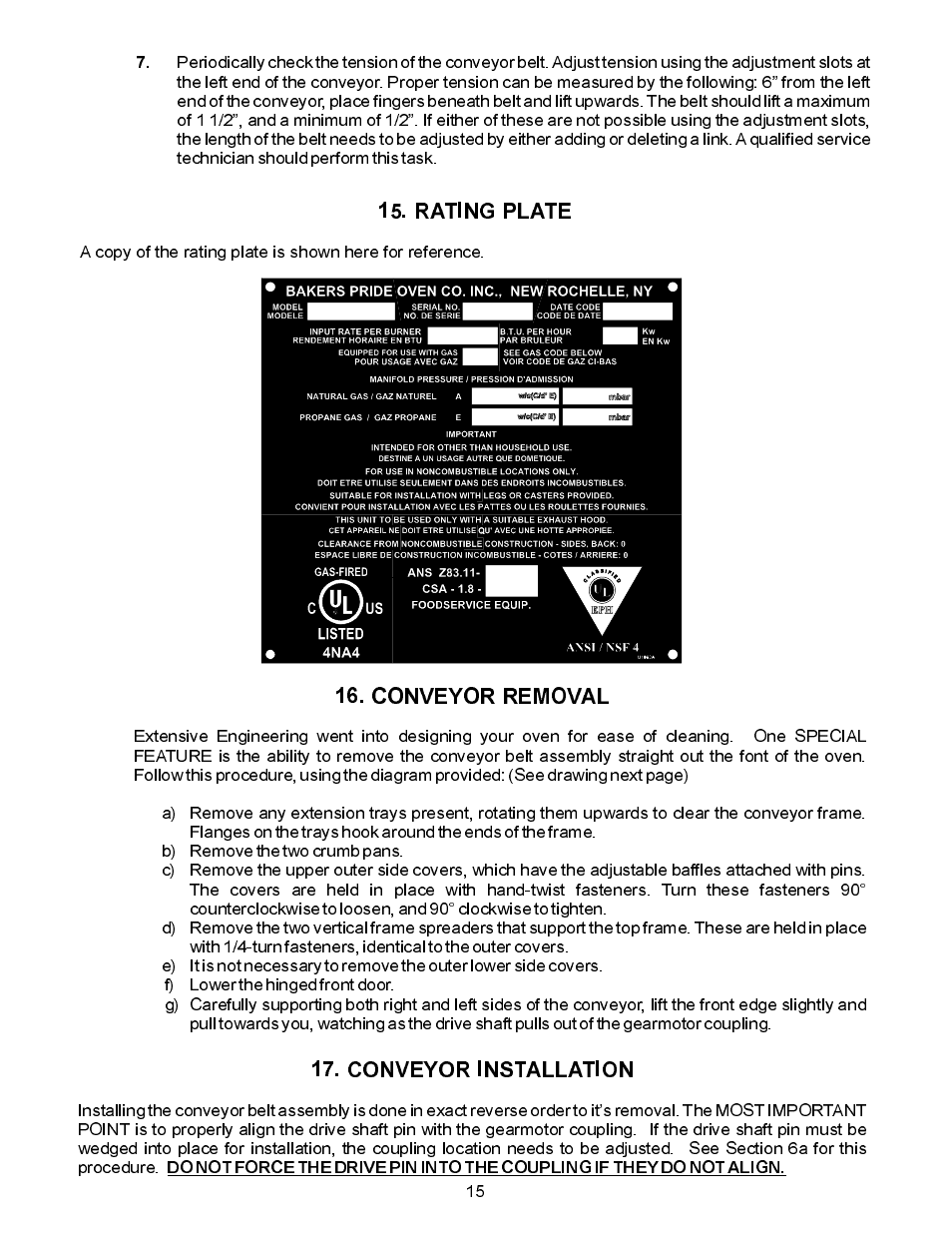 Rating plate, Conveyor removal 17. conveyor installation | Bakers Pride VH1828G Manual User Manual | Page 15 / 32