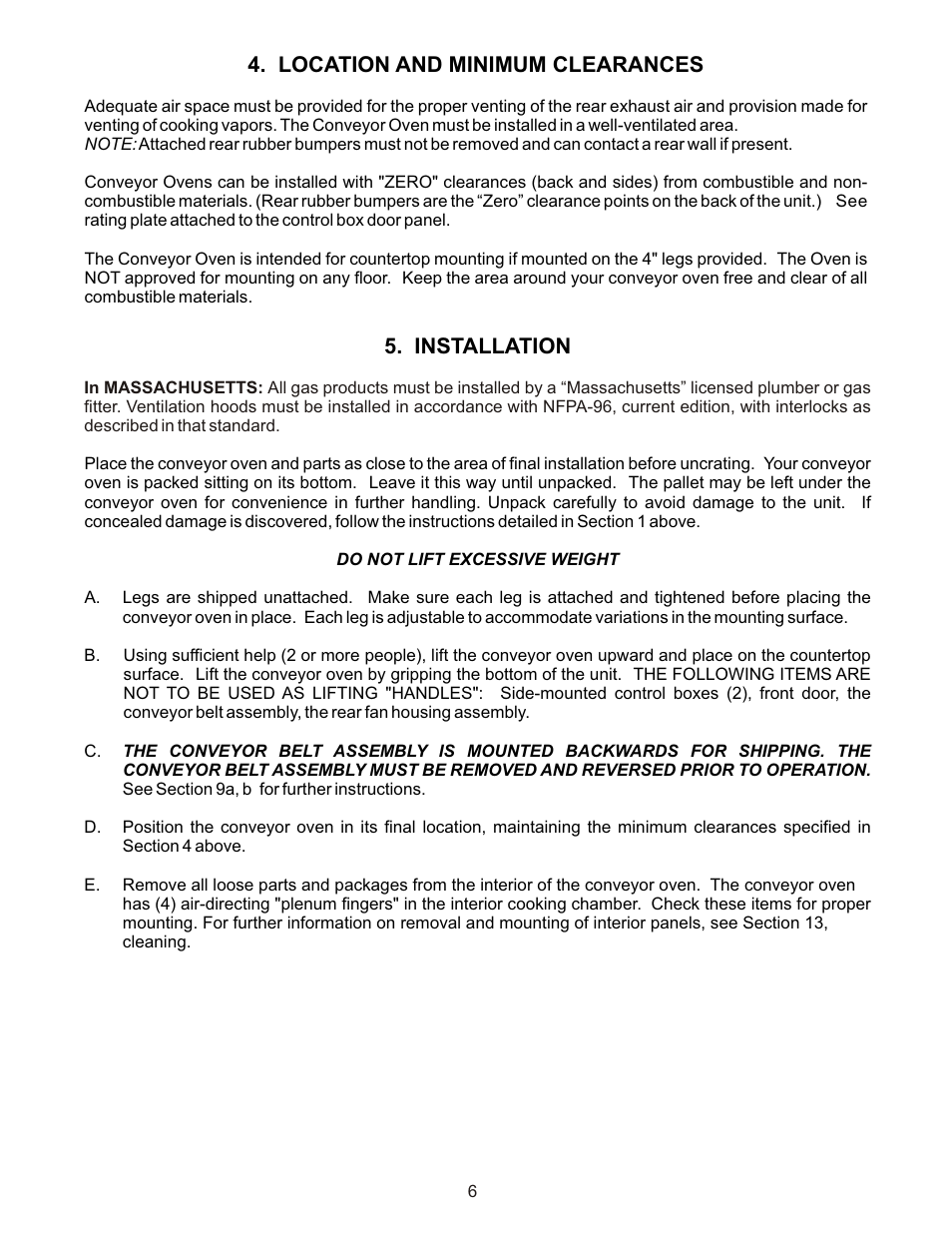 Location and minimum clearances, Installation | Bakers Pride VH1828G Manual User Manual | Page 6 / 32