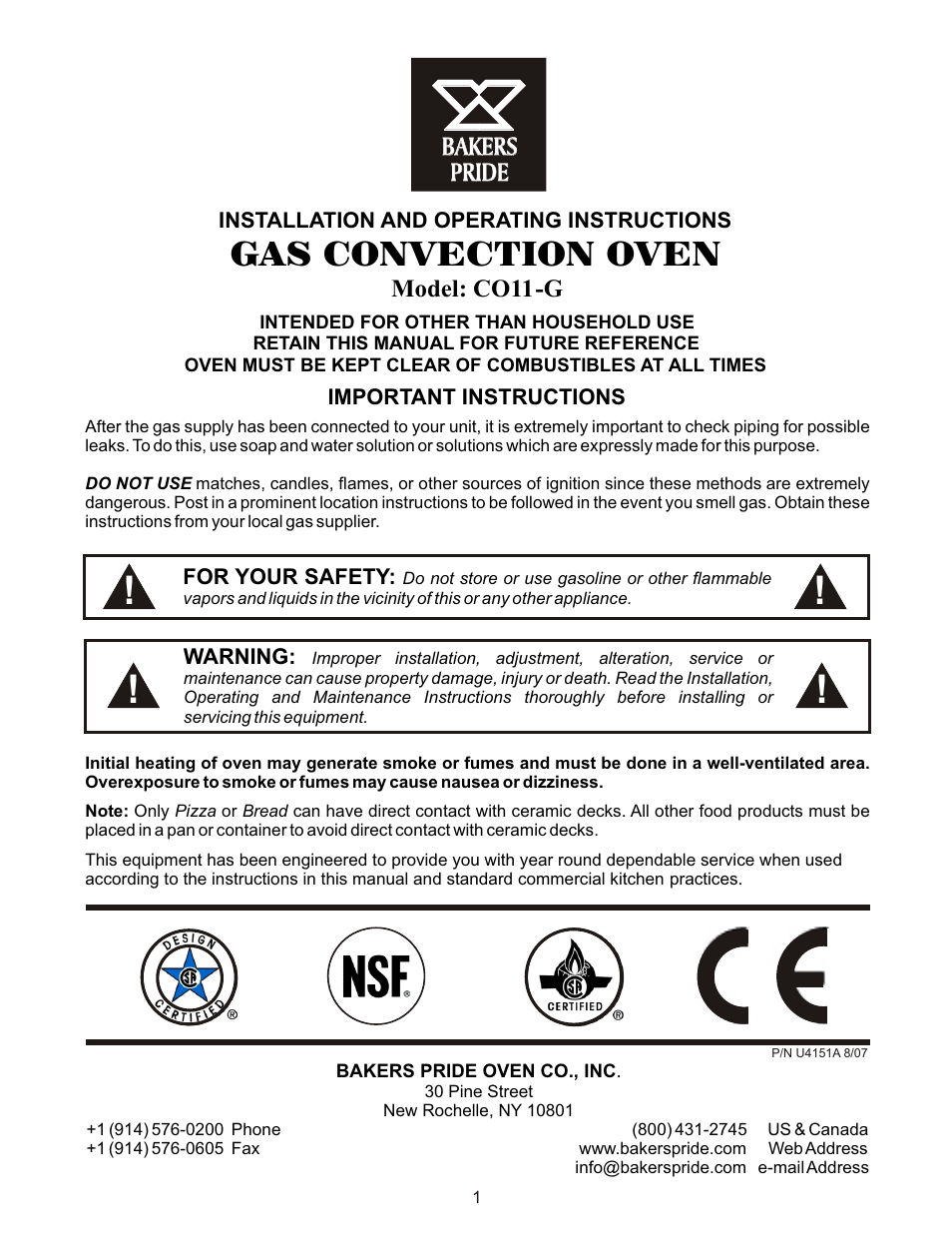 Bakers Pride CO11-G Manual User Manual | 16 pages