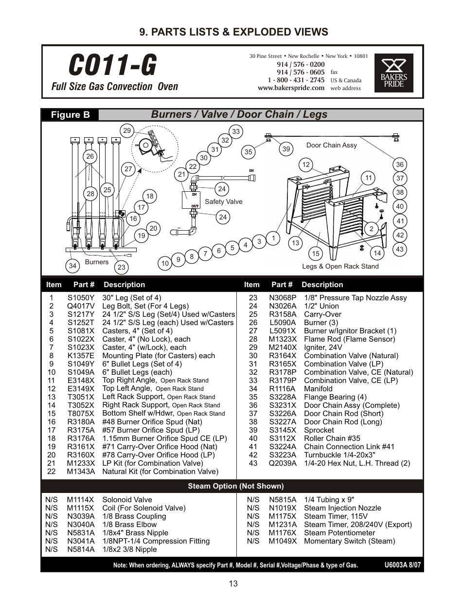 Co11-g, Full size gas convection oven, Parts lists & exploded views | Burners / valve / door chain / legs | Bakers Pride CO11-G Manual User Manual | Page 13 / 16
