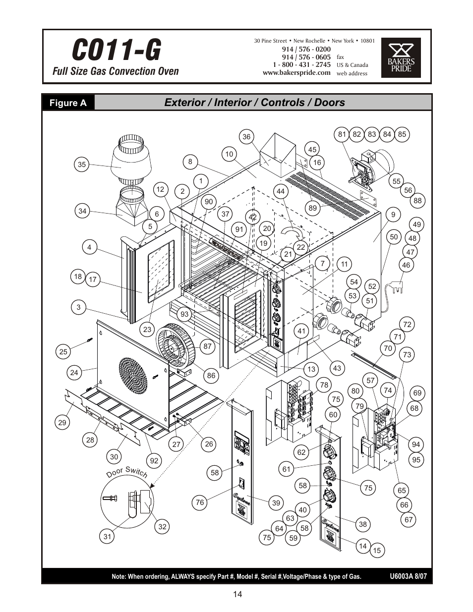 Co11-g, Full size gas convection oven, Exterior / interior / controls / doors | Bakers pride, Figure a | Bakers Pride CO11-G Manual User Manual | Page 14 / 16