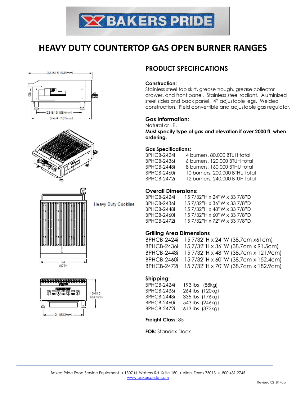 Heavy duty countertop gas open burner ranges, Product specifications | Bakers Pride BPHCB-2472i Manual User Manual | Page 2 / 2