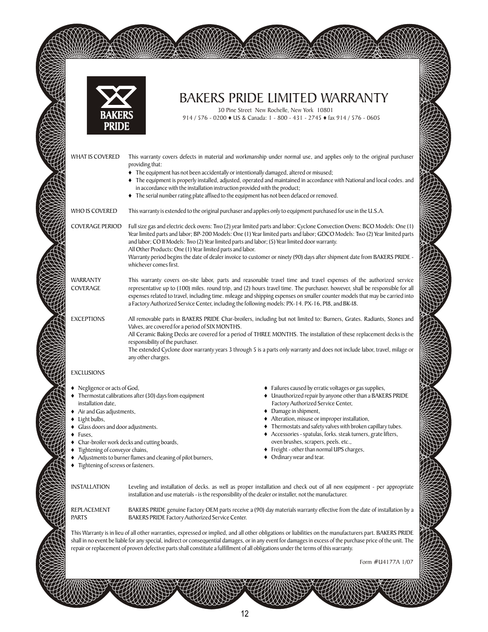 Bakers pride limited warranty | Bakers Pride BP-200 Manual User Manual | Page 12 / 12