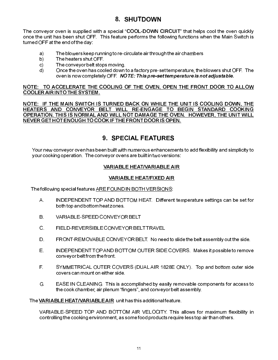 Shutdown 9. special features | Bakers Pride VHVA1828E Manual User Manual | Page 11 / 48