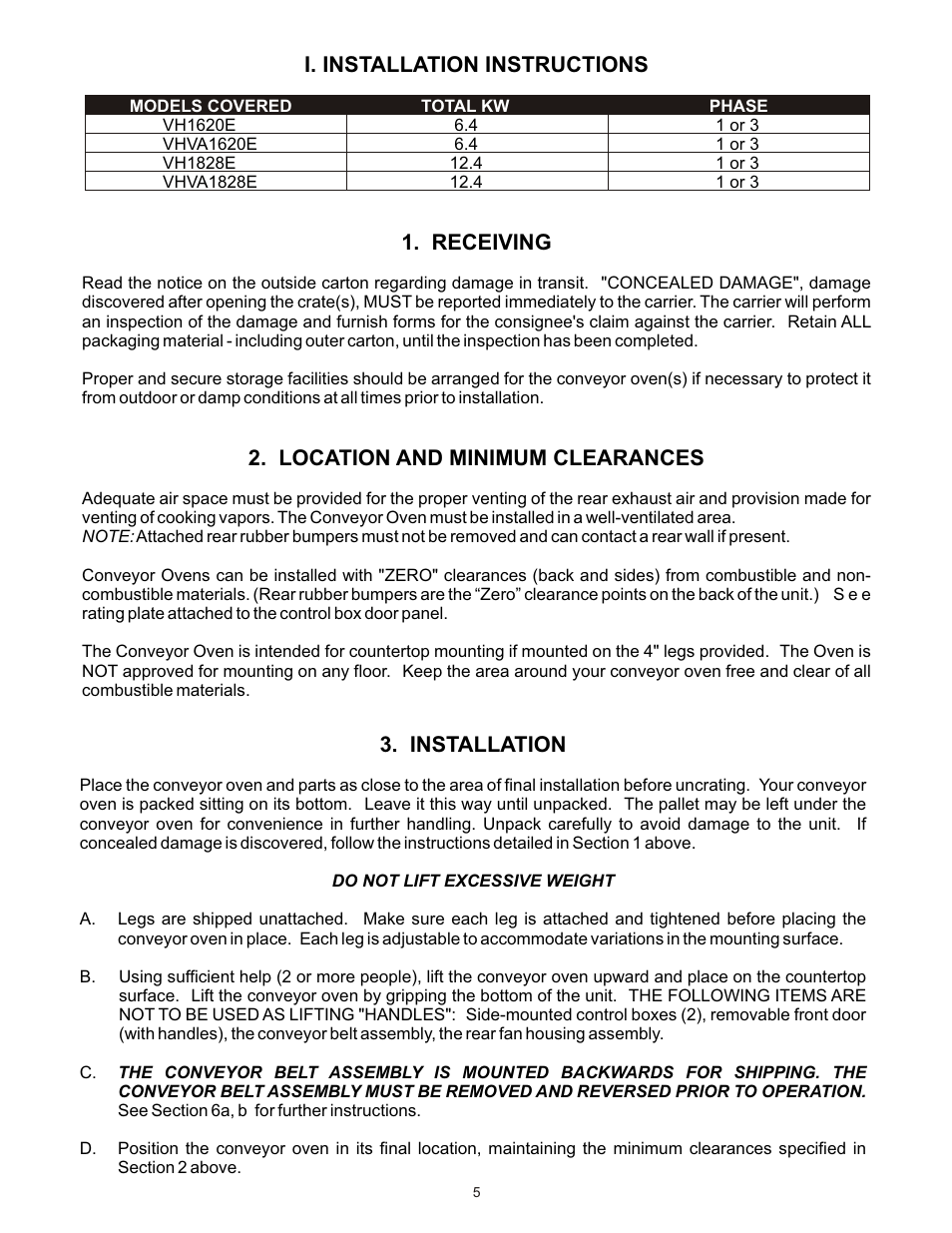 Installation, I. installation instructions, Receiving | Location and minimum clearances | Bakers Pride VHVA1828E Manual User Manual | Page 5 / 48