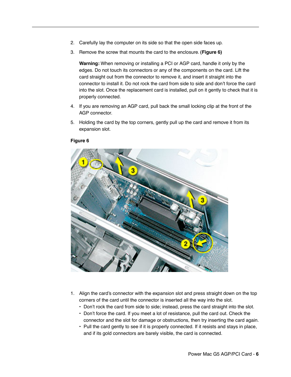 Installing the replacement agp/pci card | Apple Power Mac G5 (AGP/PCI Card Replacement) User Manual | Page 6 / 7