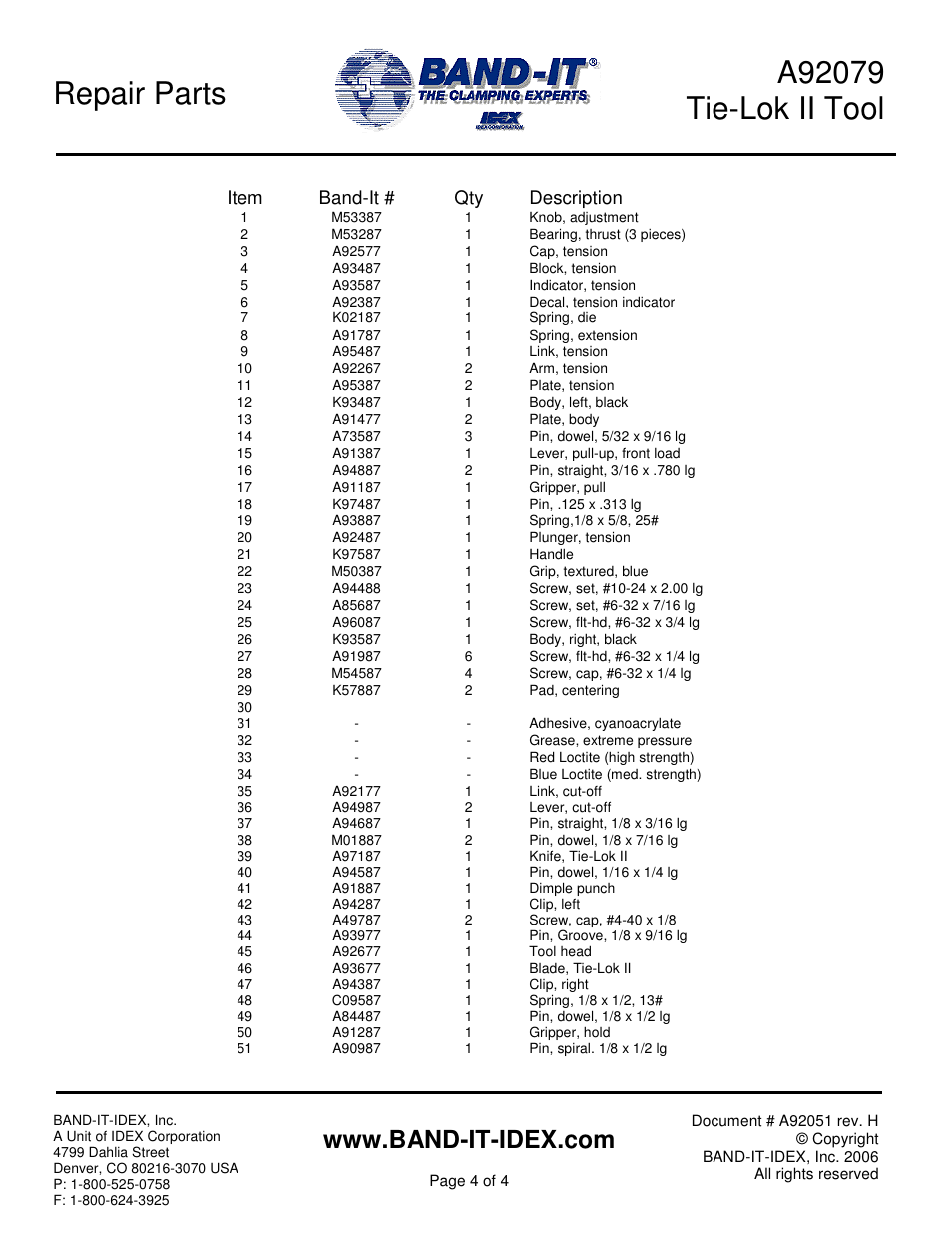 Repair parts, Item band-it # qty description | BAND-IT A92079 Tie-Lok II User Manual | Page 4 / 4