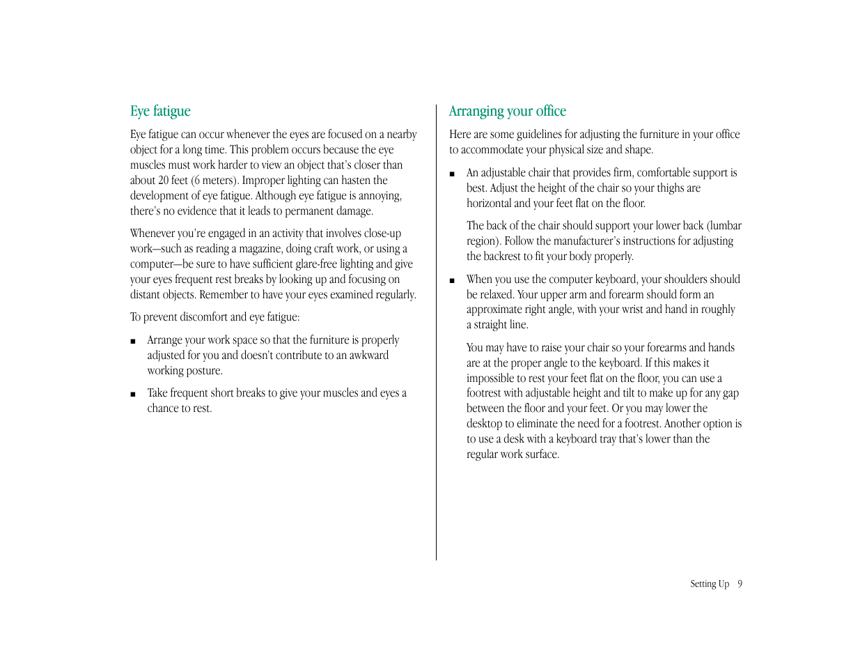 Eye fatigue, Arranging your office | Apple Macintosh LC 575 User Manual | Page 15 / 47