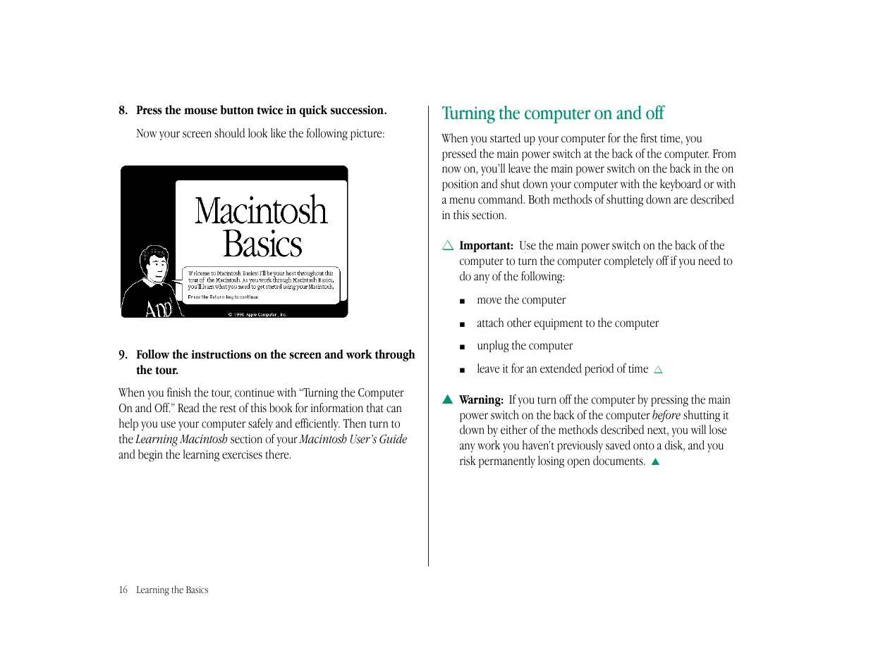 Turning the computer on and off | Apple Macintosh LC 575 User Manual | Page 22 / 47