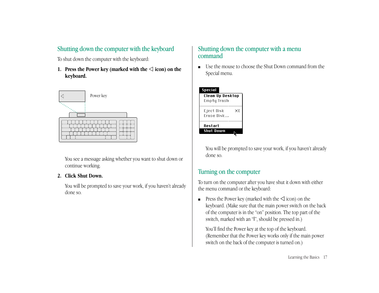 Shutting down the computer with the keyboard, Shutting down the computer with a menu command, Turning on the computer | Apple Macintosh LC 575 User Manual | Page 23 / 47